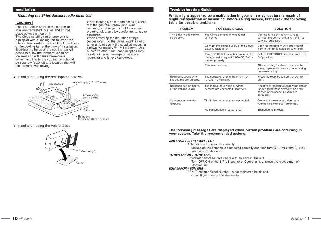 Kenwood KTC-SR901 instruction manual Installation, Mounting the Sirius Satellite radio tuner Unit, Troubleshooting Guide 