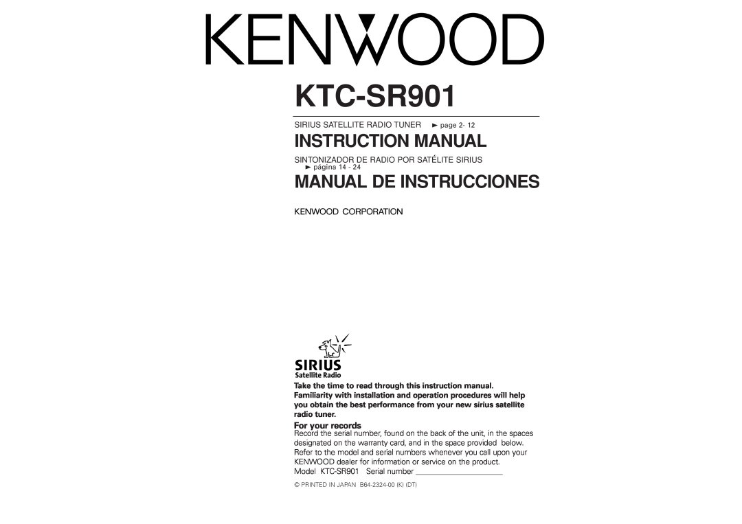 Kenwood instruction manual Model KTC-SR901 Serial number, Manual De Instrucciones, For your records 