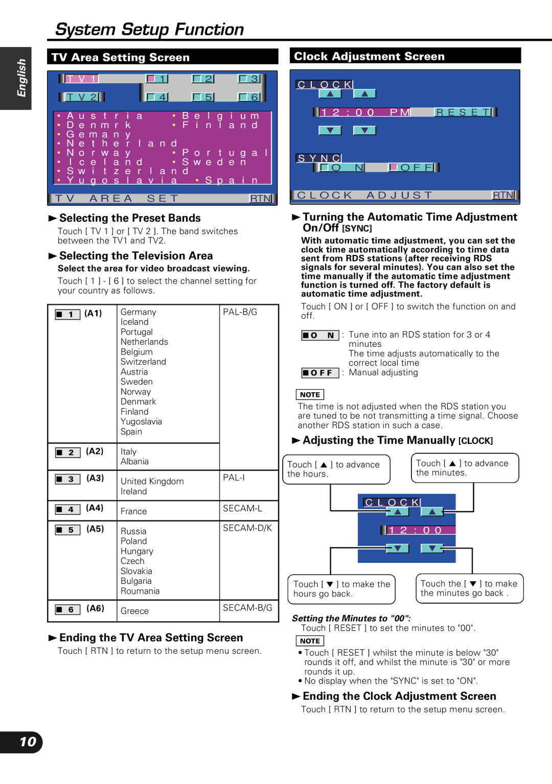 Kenwood KVC-1000 instruction manual TV Area Setting Screen, Clock Adjustment Screen 