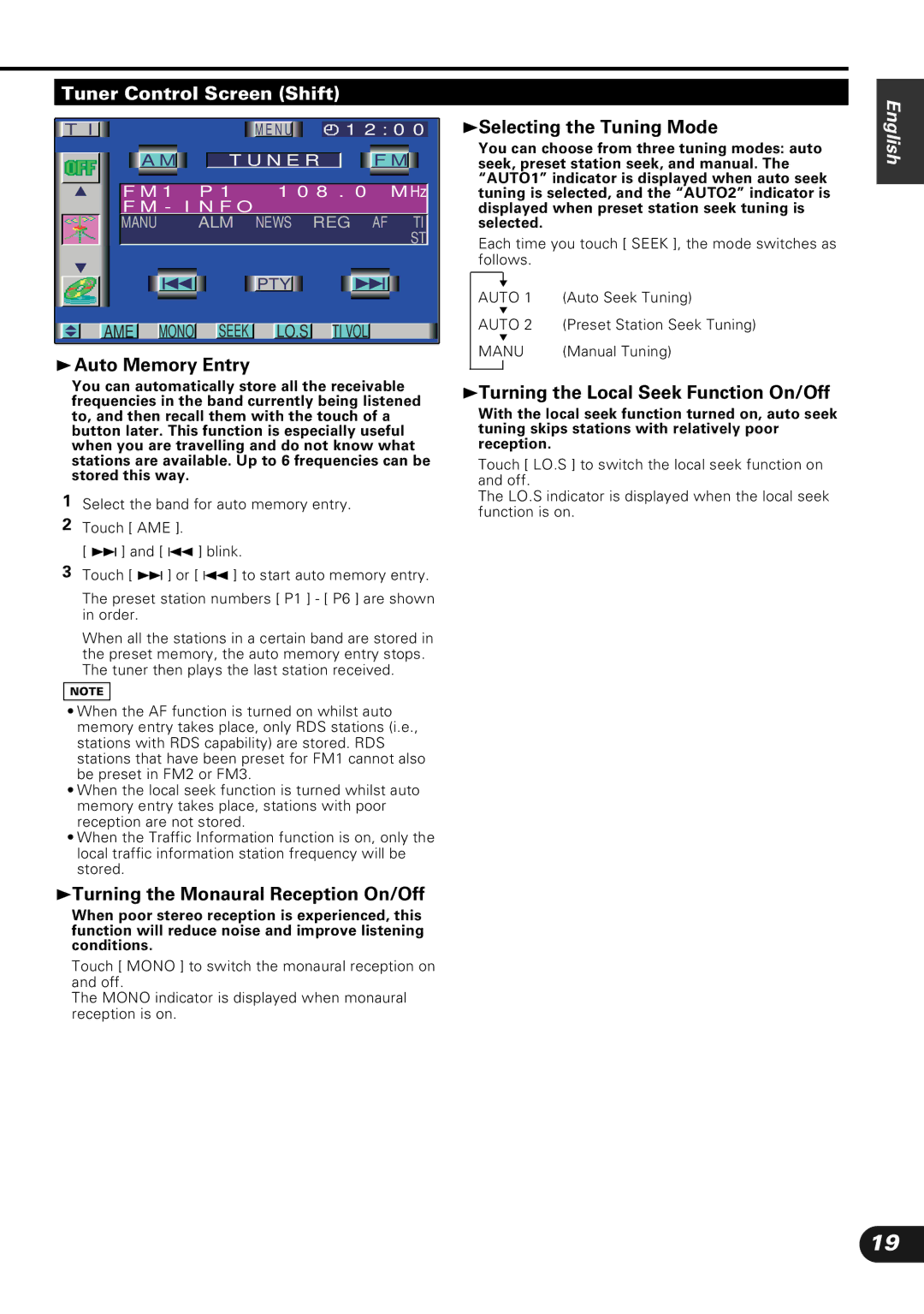 Kenwood KVC-1000 Tuner Control Screen Shift, 3Turning the Monaural Reception On/Off, 3Selecting the Tuning Mode 