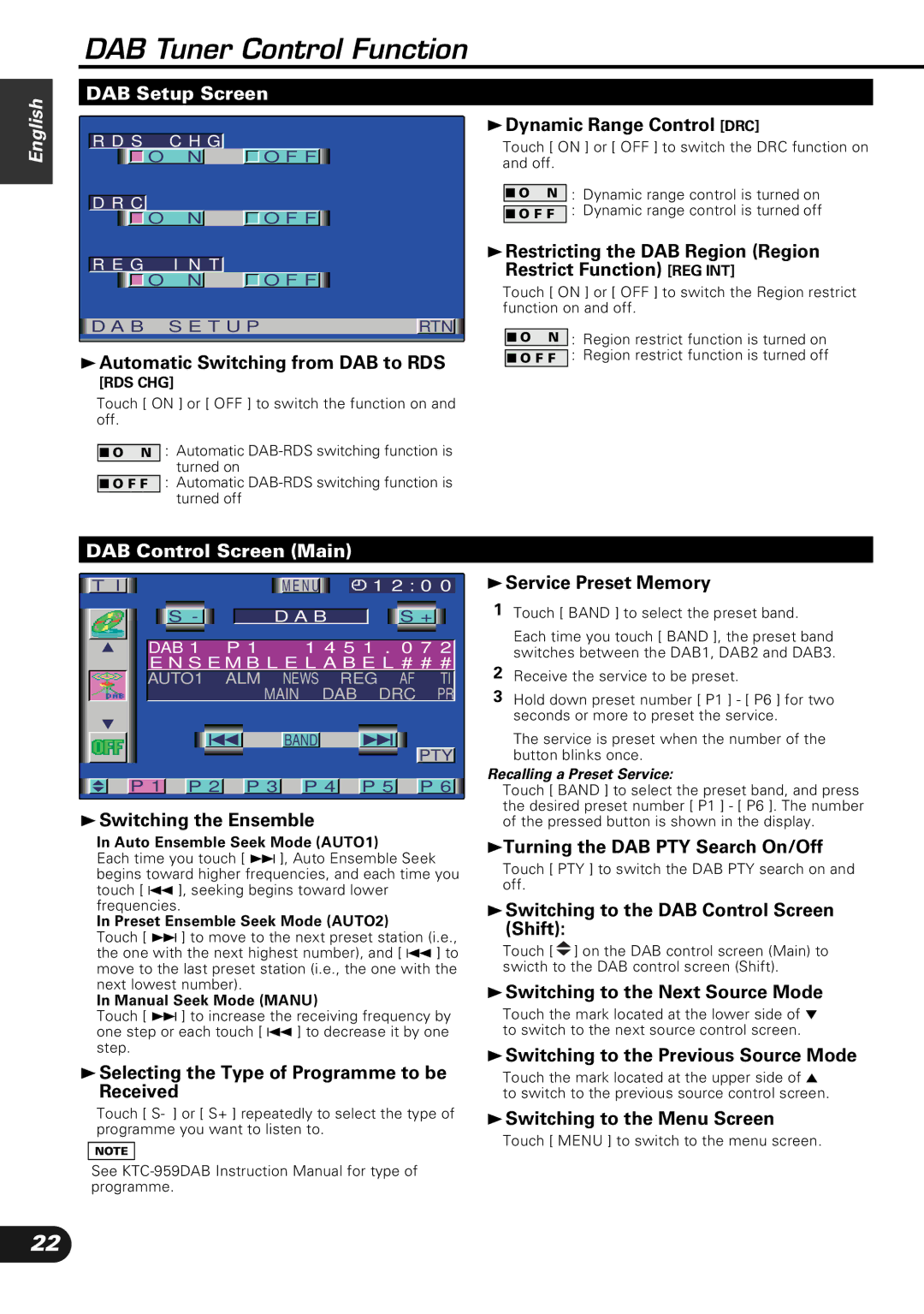 Kenwood KVC-1000 instruction manual DAB Tuner Control Function, DAB Setup Screen, DAB Control Screen Main 