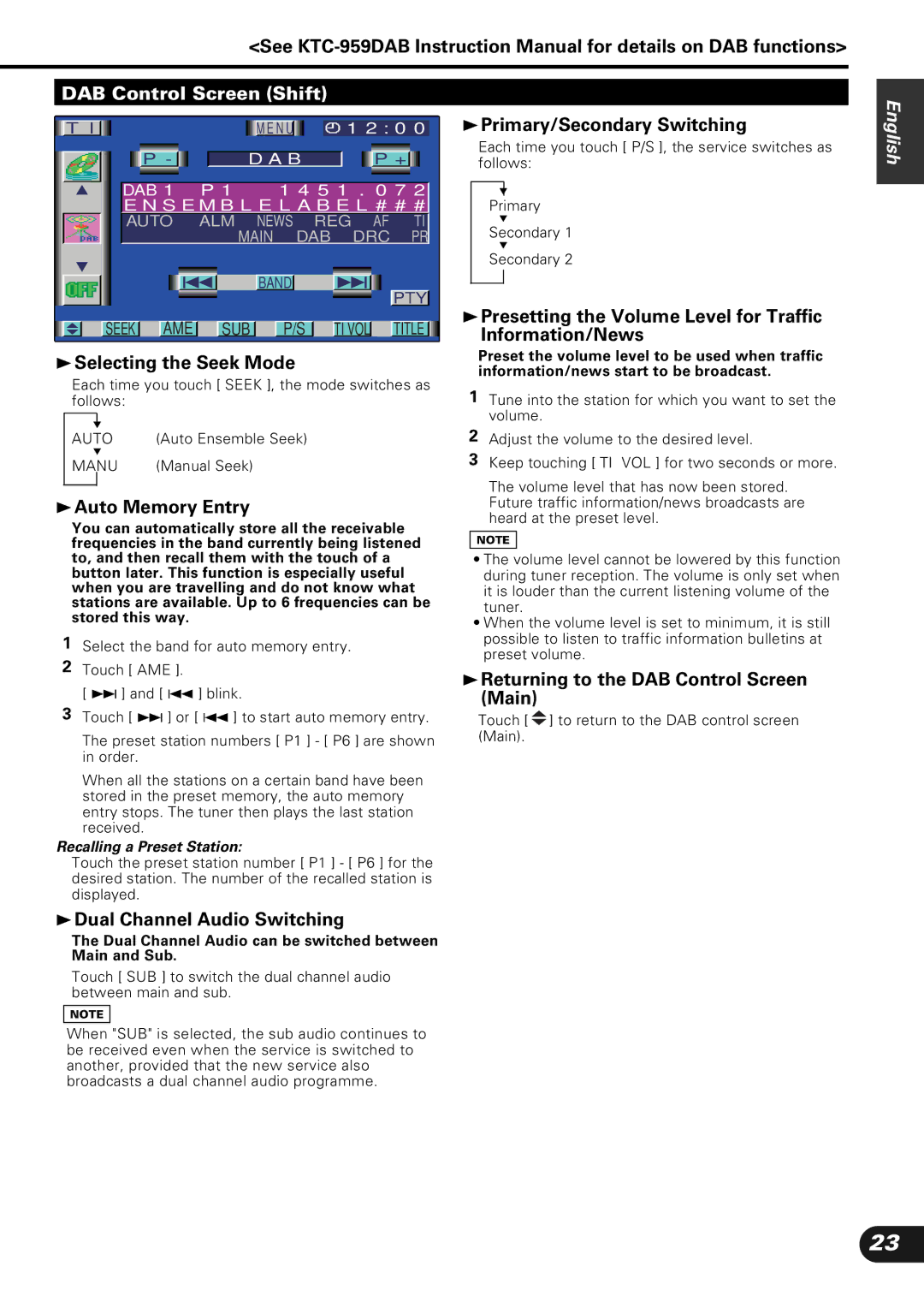 Kenwood KVC-1000 DAB Control Screen Shift, Selecting the Seek Mode, Returning to the DAB Control Screen Main 