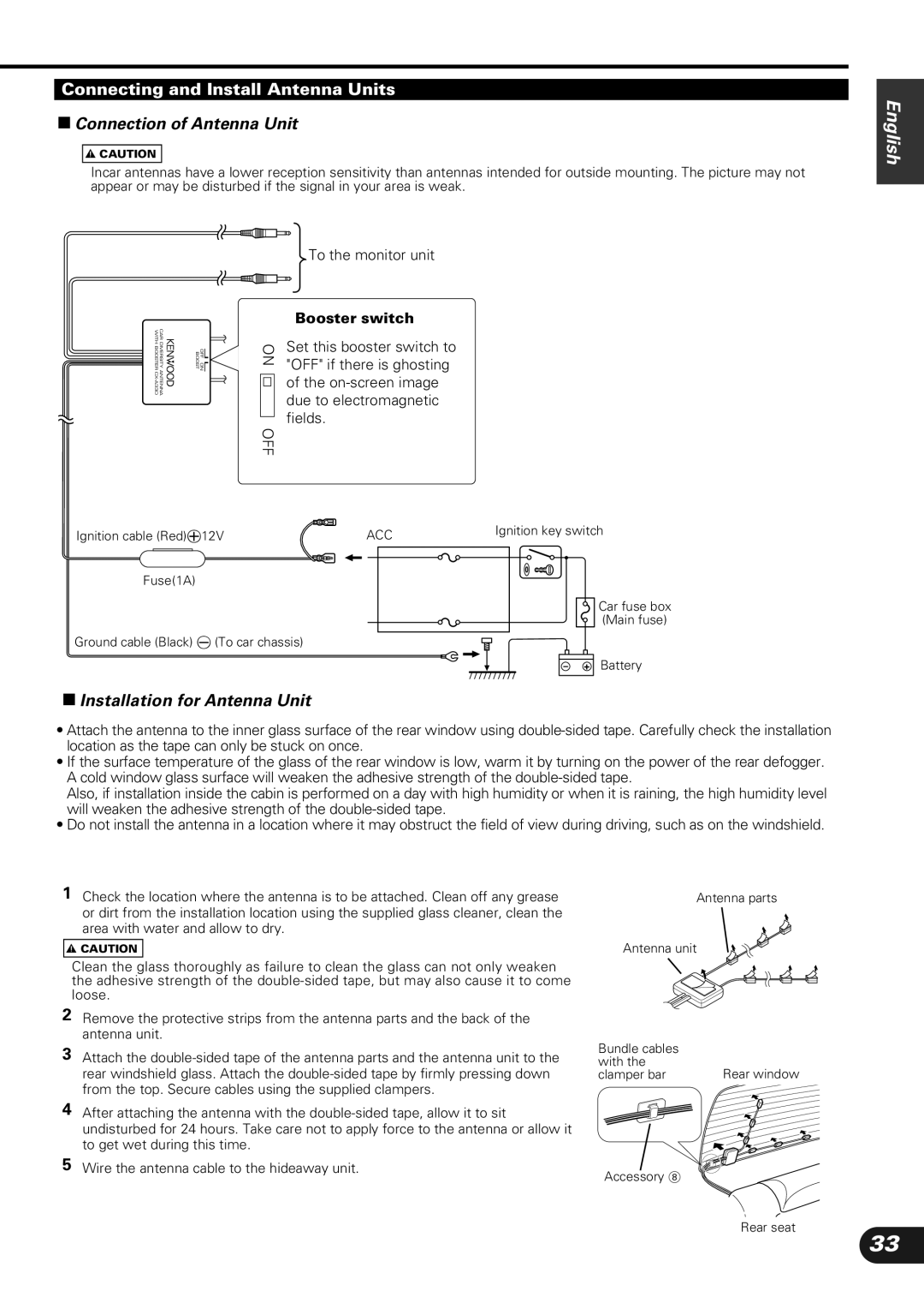 Kenwood KVC-1000 instruction manual Connection of Antenna Unit, Booster switch 