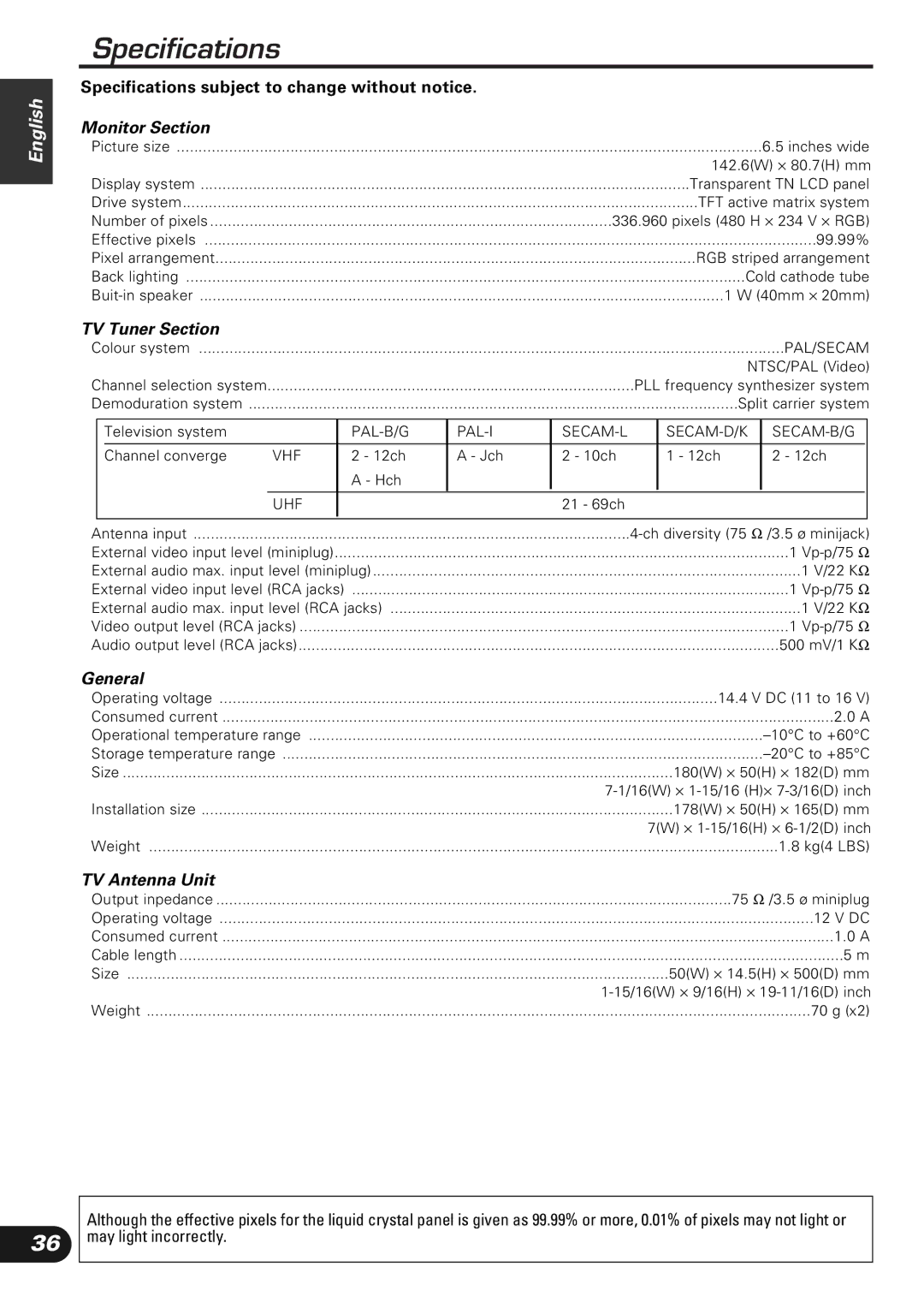 Kenwood KVC-1000 instruction manual Specifications, Monitor Section 