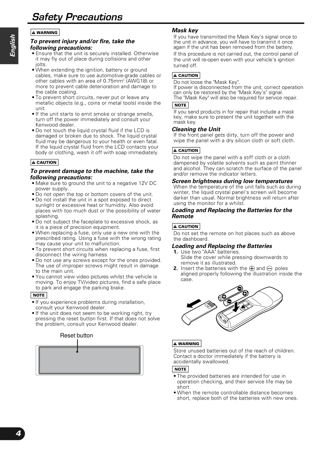 Kenwood KVC-1000 instruction manual Safety Precautions, Mask key 