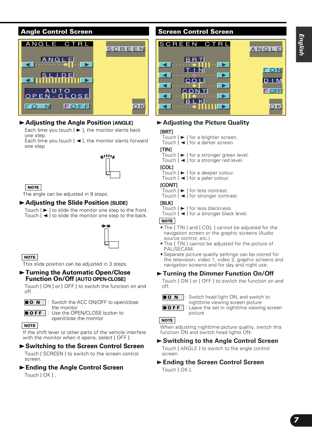 Kenwood KVC-1000 instruction manual Angle Control Screen Screen Control Screen 