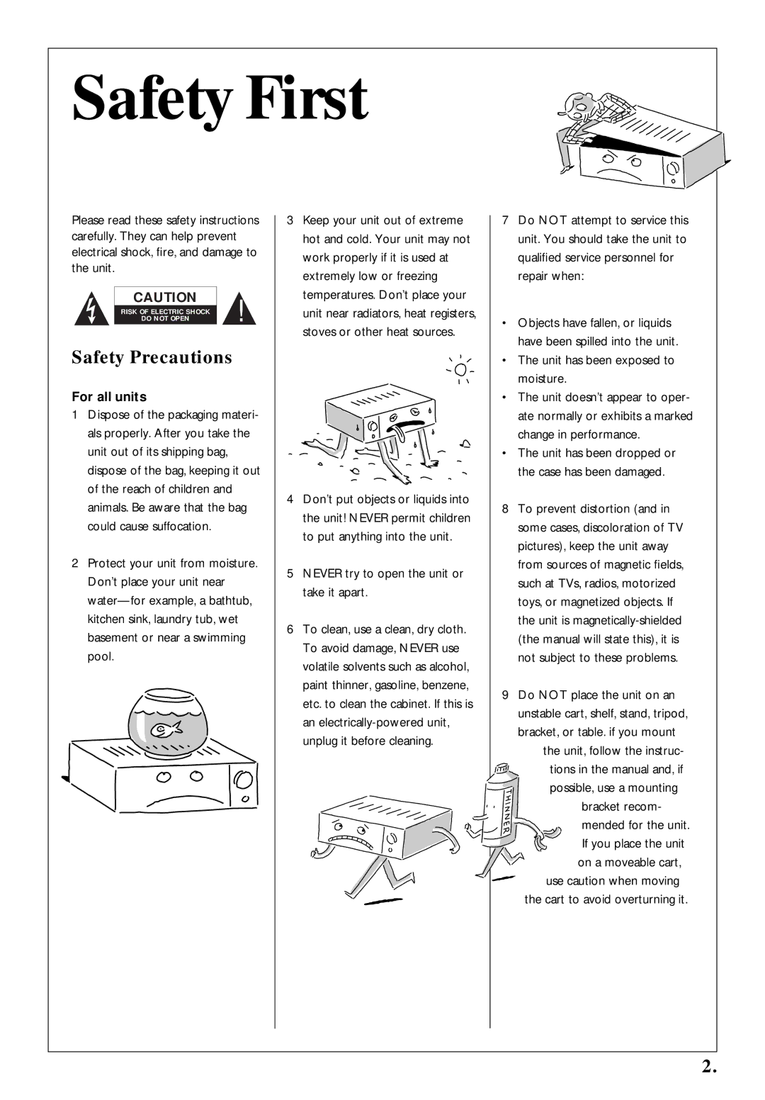 Kenwood KVS-300, KVS-400, KVS-200 warranty Safety First, Safety Precautions, For all units 