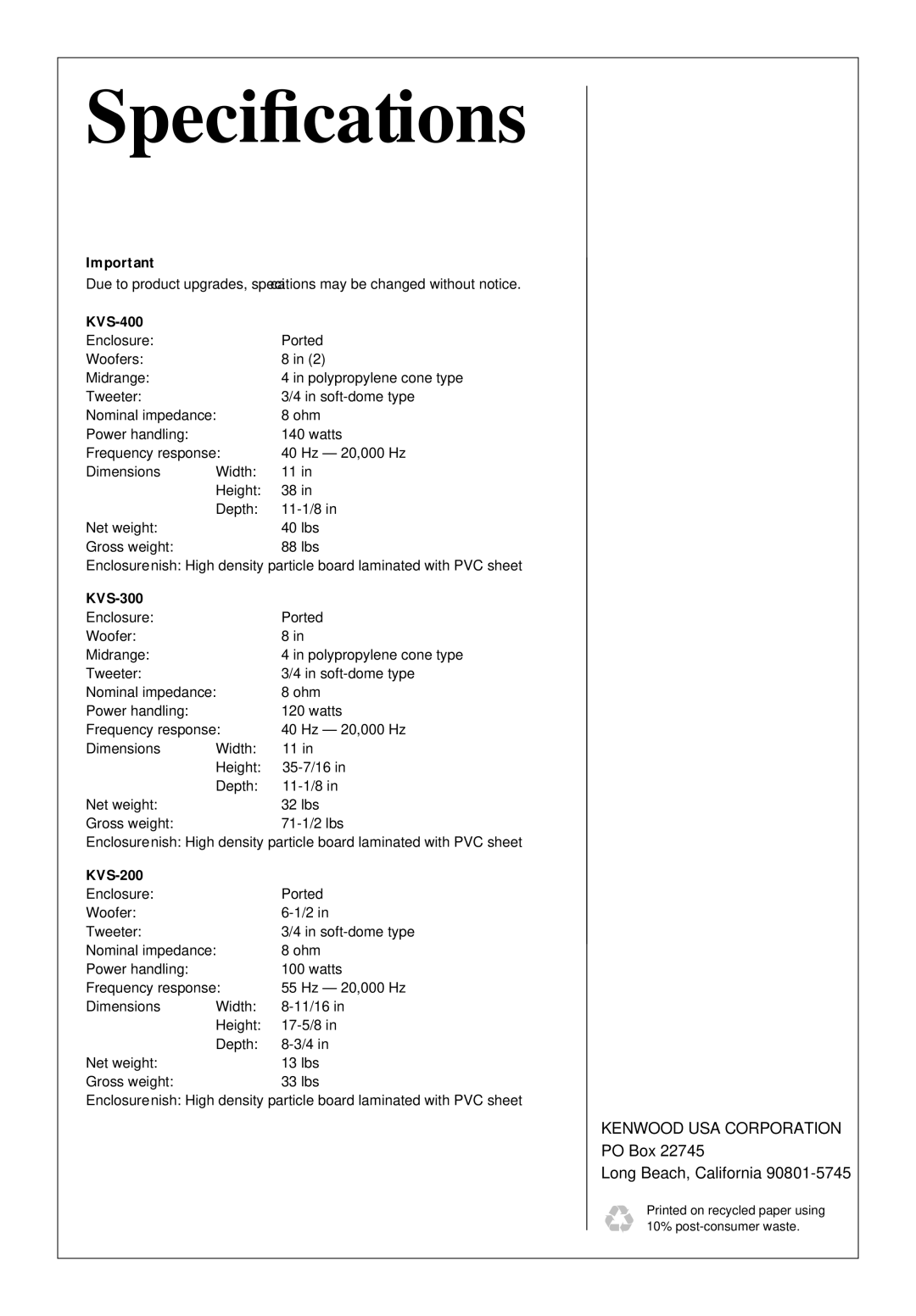 Kenwood KVS-400, KVS-200, KVS-300 warranty Speciﬁcations 