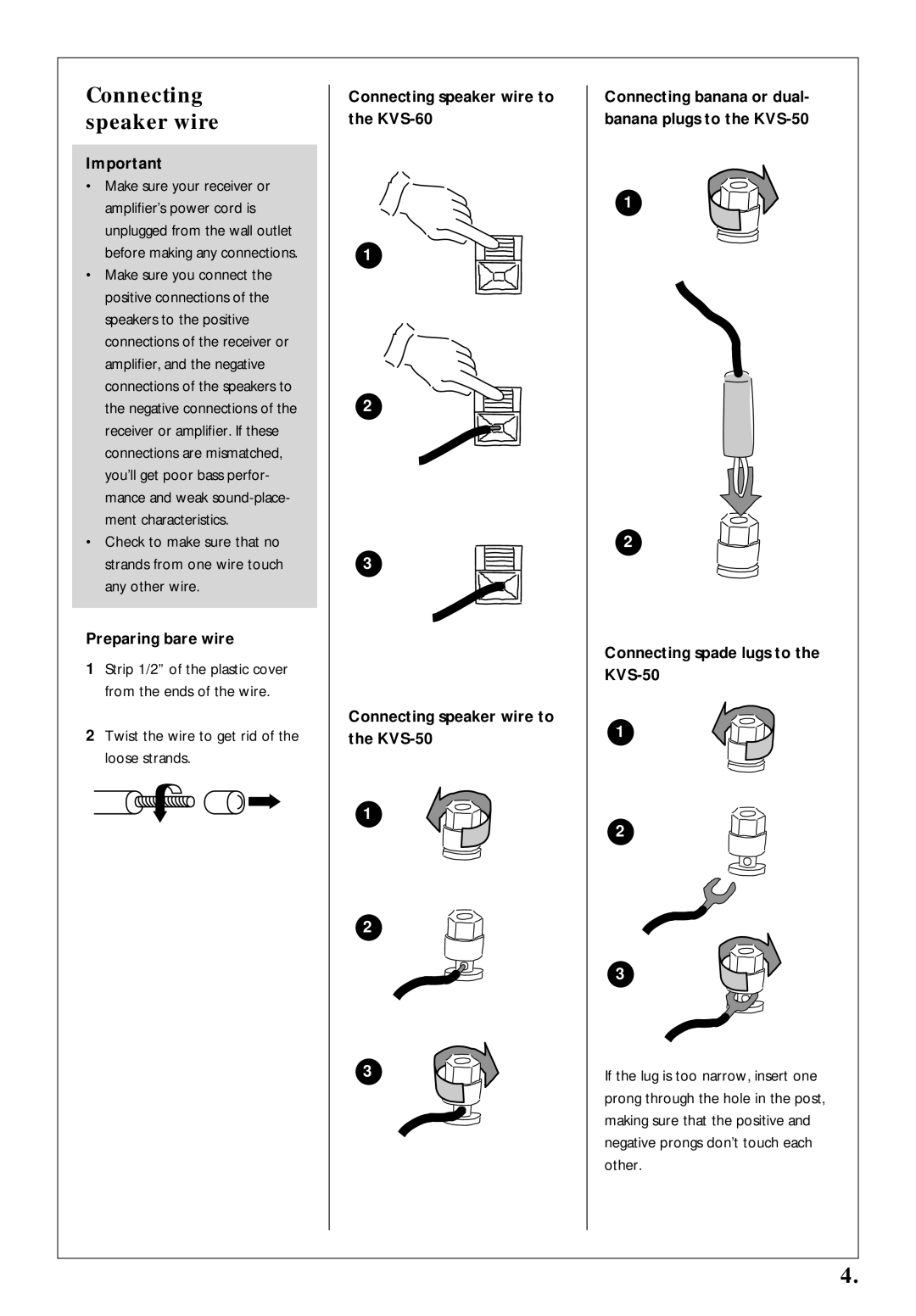 Kenwood KVS-60, KVS-50 warranty Connecting speaker wire, Preparing bare wire 