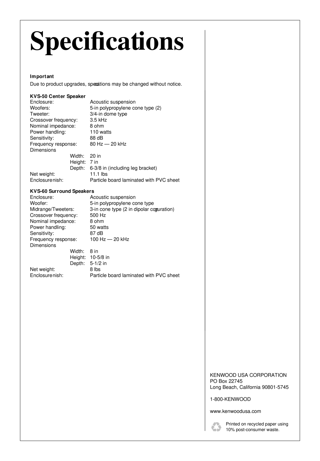 Kenwood KVS-60 warranty Speciﬁcations, KVS-50 Center Speaker 