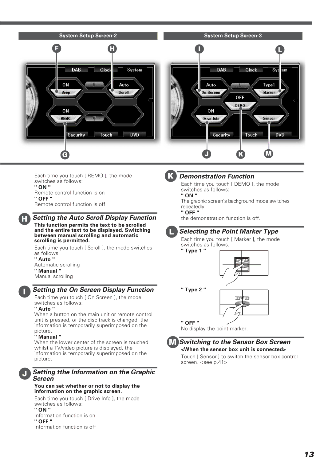 Kenwood KVT-911DVD Setting the Auto Scroll Display Function, Demonstration Function, Selecting the Point Marker Type 