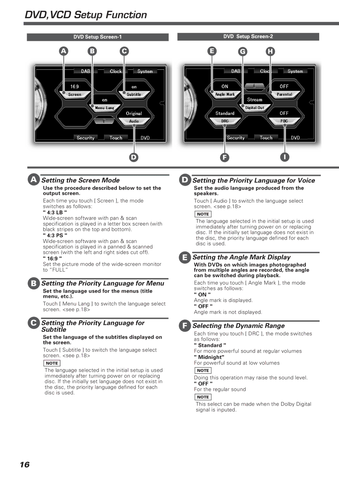 Kenwood KVT-911DVD DVD,VCD Setup Function, Setting the Priority Language for Menu, Setting the Angle Mark Display 