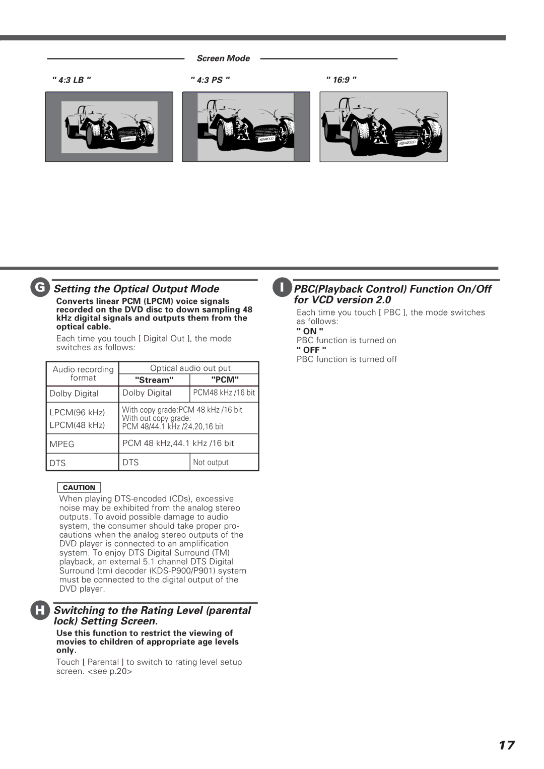 Kenwood KVT-911DVD Setting the Optical Output Mode, Switching to the Rating Level parental lock Setting Screen, Stream 