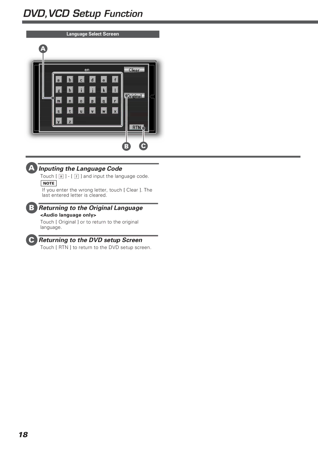 Kenwood KVT-911DVD Inputing the Language Code, Returning to the Original Language, Returning to the DVD setup Screen 