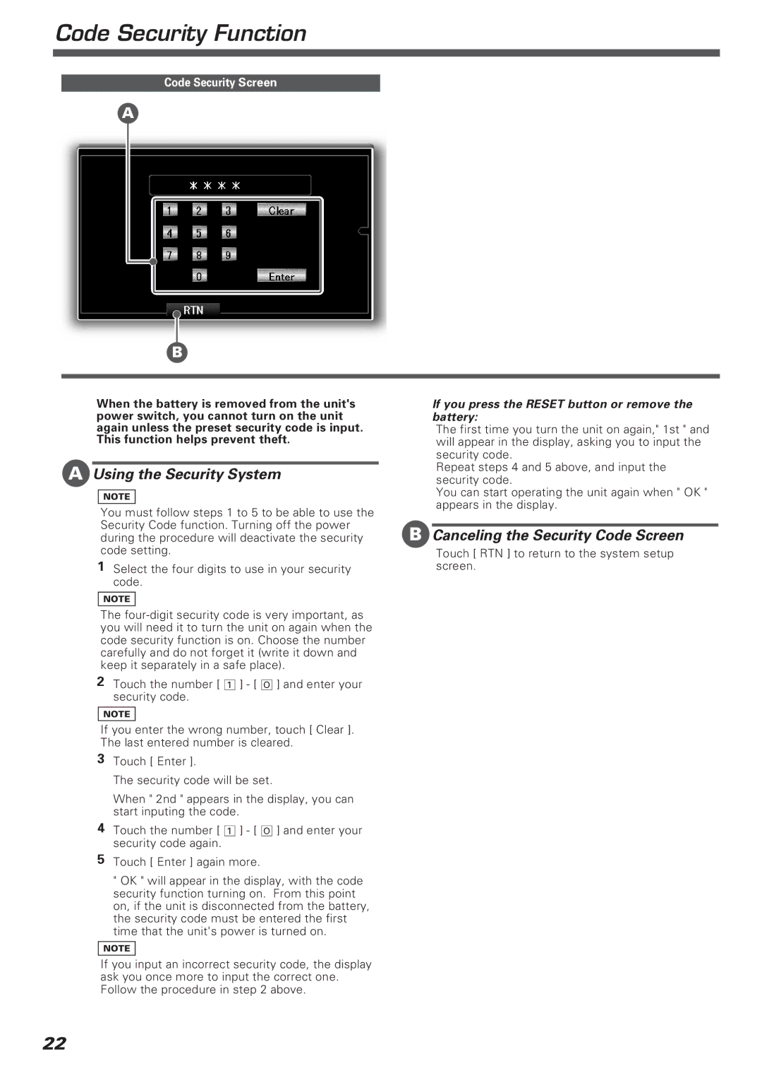 Kenwood KVT-911DVD Code Security Function, Using the Security System, Canceling the Security Code Screen, Battery 