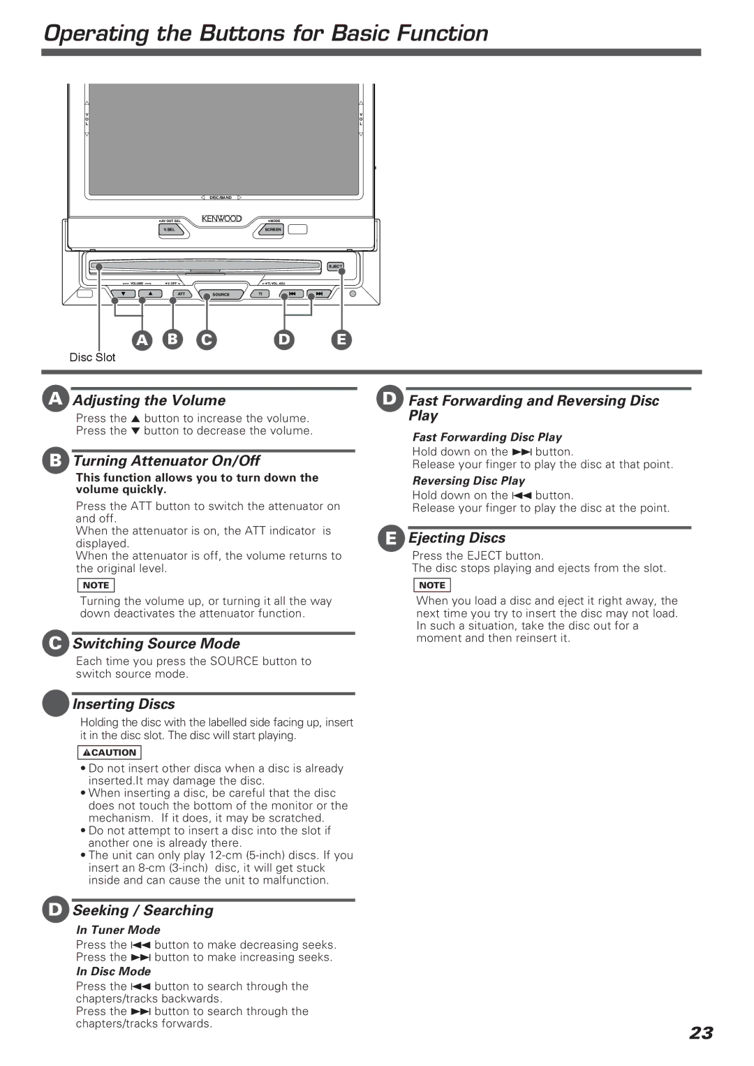 Kenwood KVT-911DVD instruction manual Operating the Buttons for Basic Function 