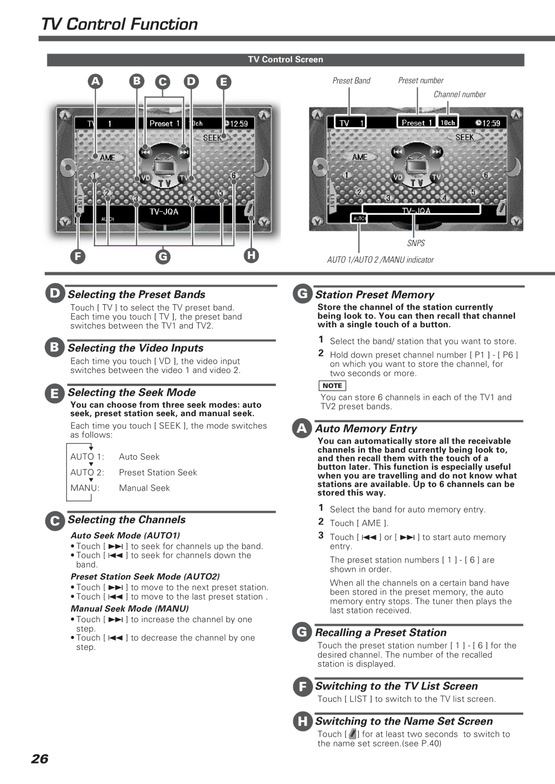 Kenwood KVT-911DVD instruction manual TV Control Function 