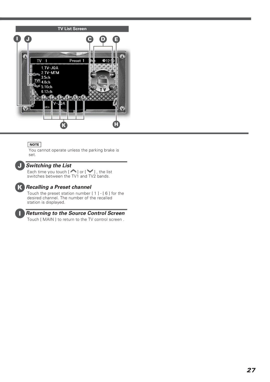 Kenwood KVT-911DVD Switching the List, Recalling a Preset channel, Returning to the Source Control Screen 