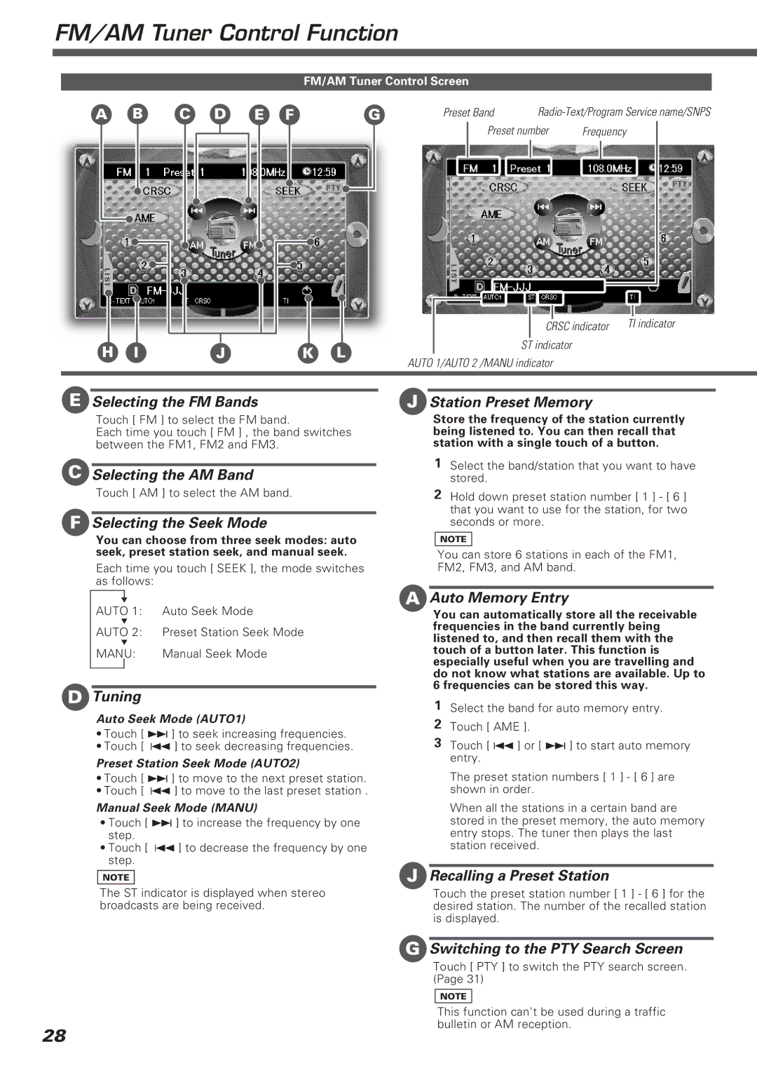 Kenwood KVT-911DVD FM/AM Tuner Control Function, Selecting the FM Bands Station Preset Memory, Selecting the AM Band 