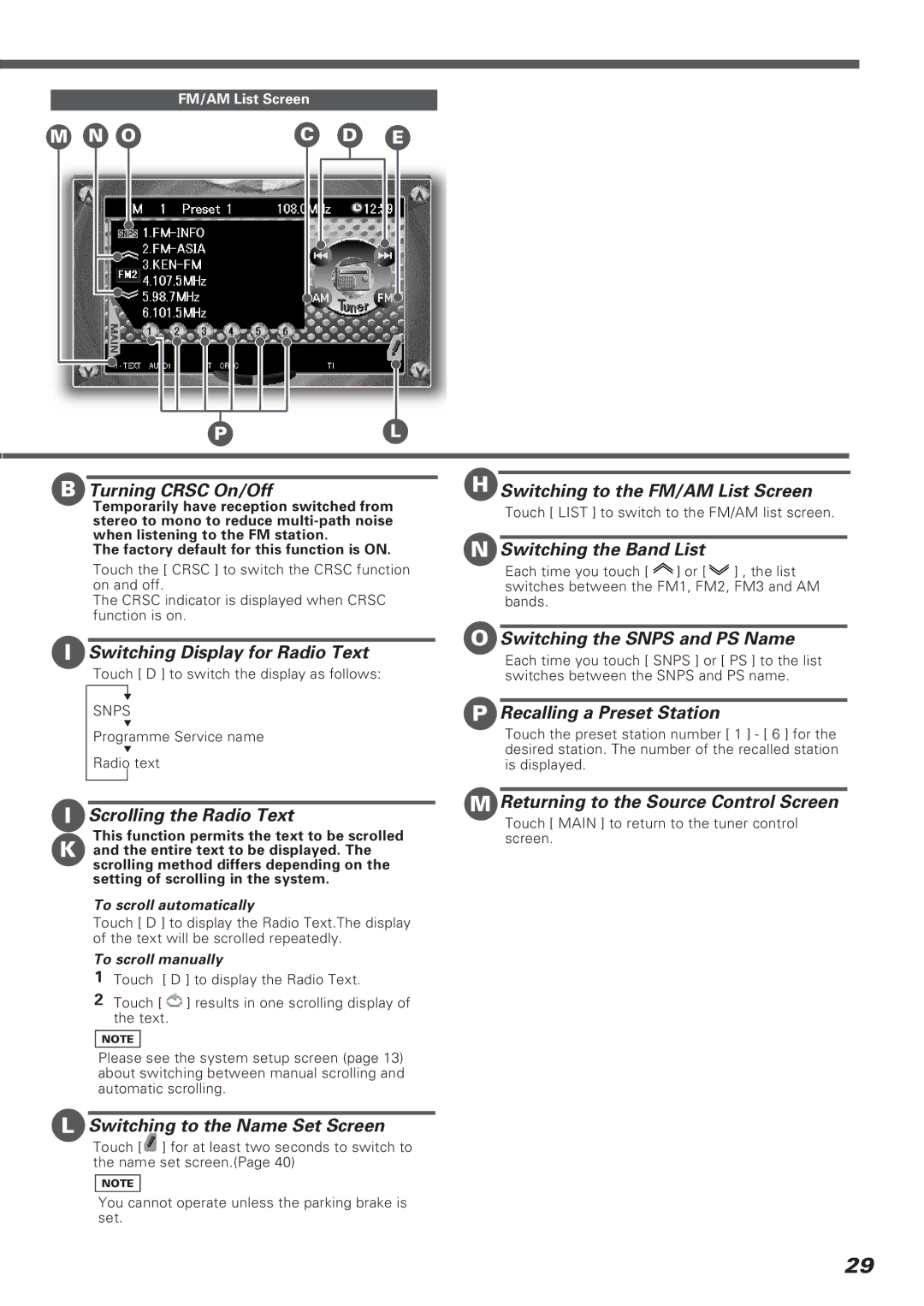 Kenwood KVT-911DVD instruction manual Turning Crsc On/Off, Switching to the FM/AM List Screen, Switching the Band List 