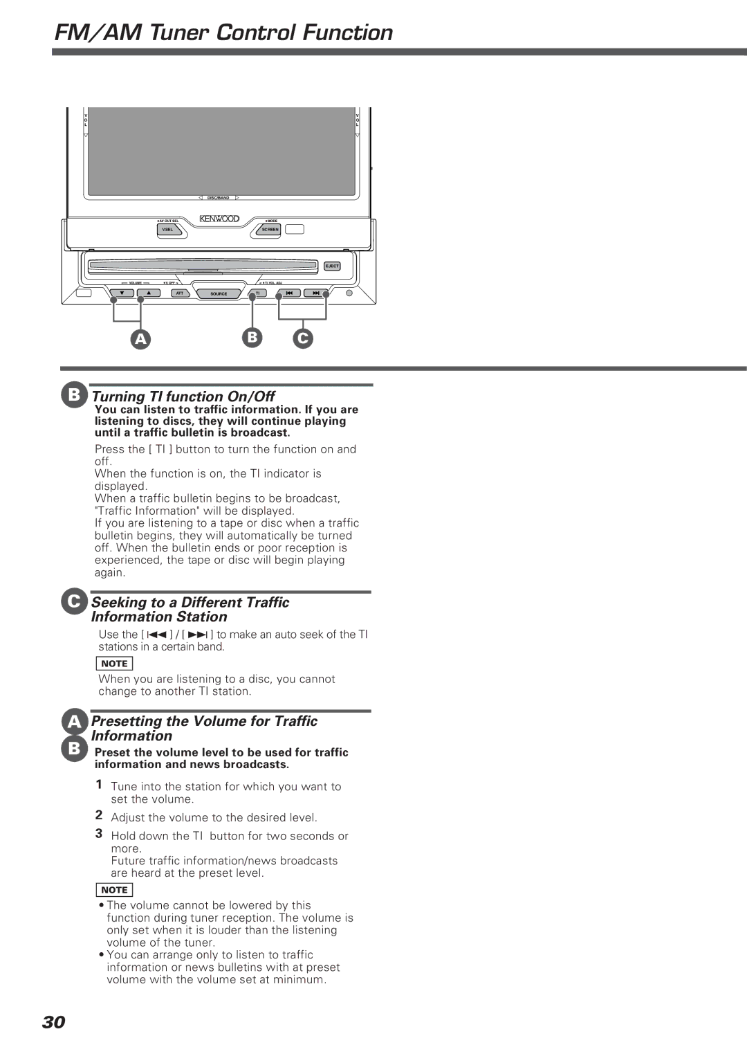 Kenwood KVT-911DVD instruction manual Turning TI function On/Off, Seeking to a Different Traffic Information Station 