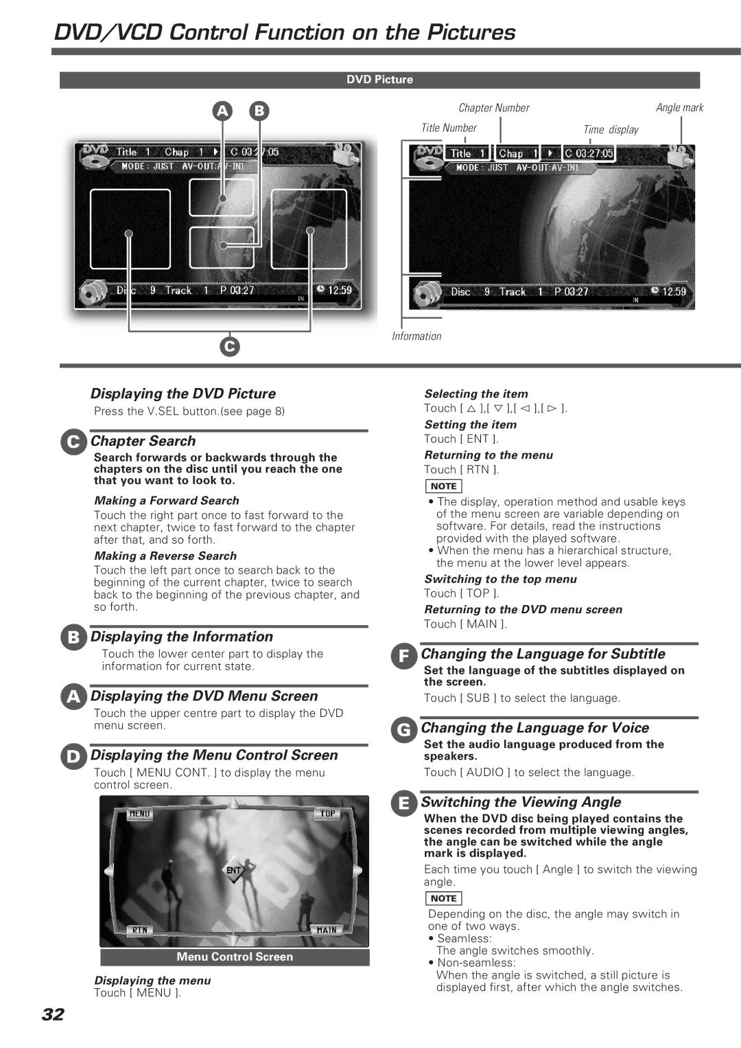 Kenwood KVT-911DVD instruction manual DVD/VCD Control Function on the Pictures 