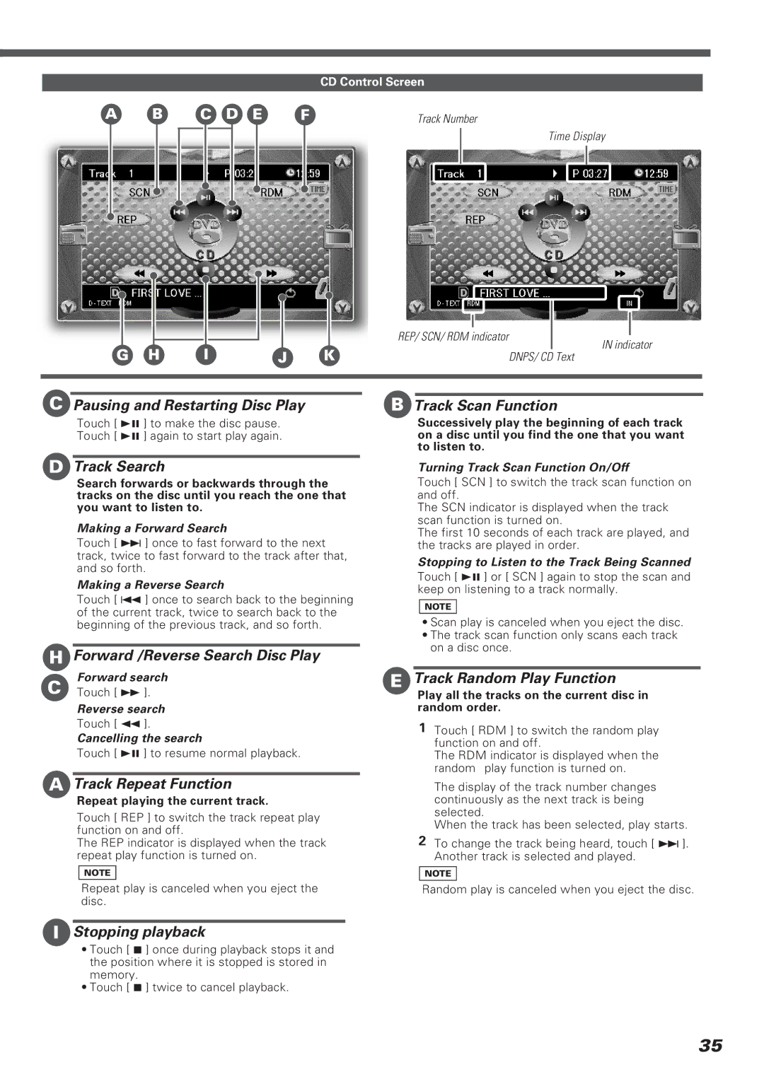 Kenwood KVT-911DVD Pausing and Restarting Disc Play Track Scan Function, Track Repeat Function, Track Random Play Function 