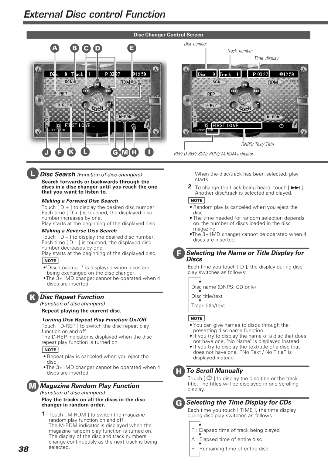 Kenwood KVT-911DVD Disc Repeat Function, Magazine Random Play Function, Selecting the Time Display for CDs 