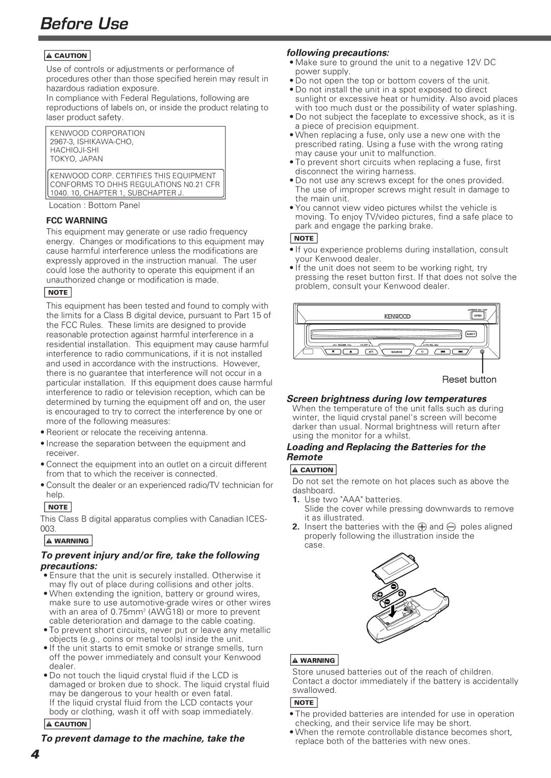 Kenwood KVT-911DVD instruction manual Before Use, FCC Warning 