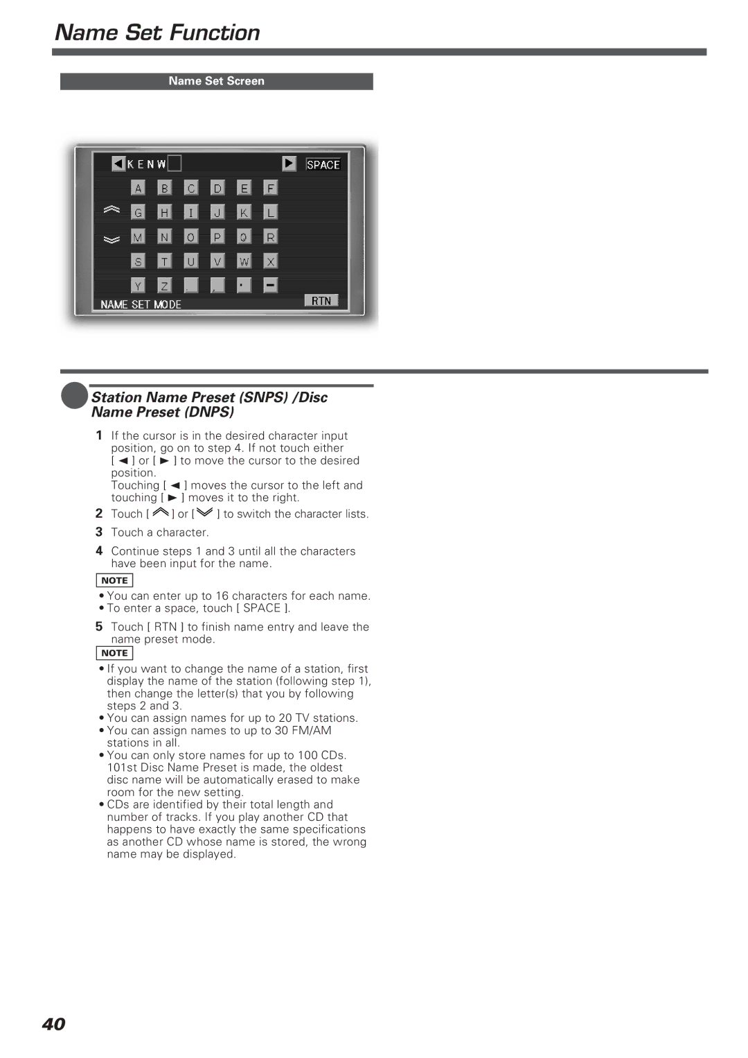 Kenwood KVT-911DVD instruction manual Name Set Function, Station Name Preset Snps /Disc Name Preset Dnps 