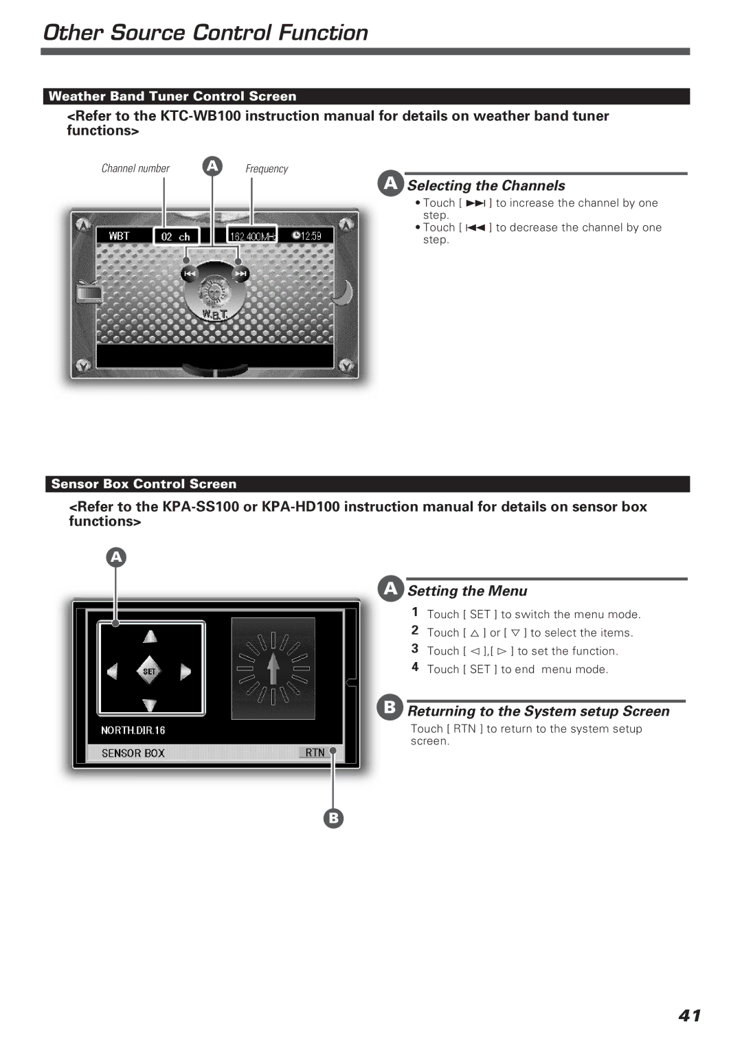 Kenwood KVT-911DVD instruction manual Other Source Control Function, Setting the Menu, Returning to the System setup Screen 