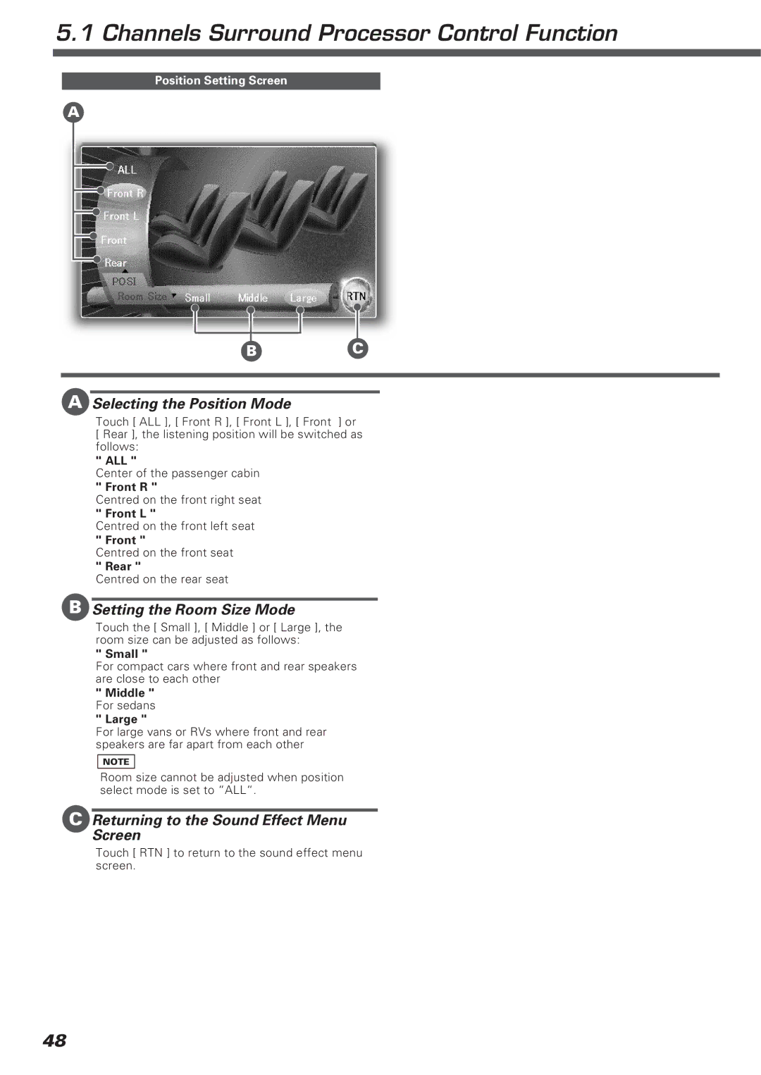 Kenwood KVT-911DVD instruction manual Selecting the Position Mode, Setting the Room Size Mode 