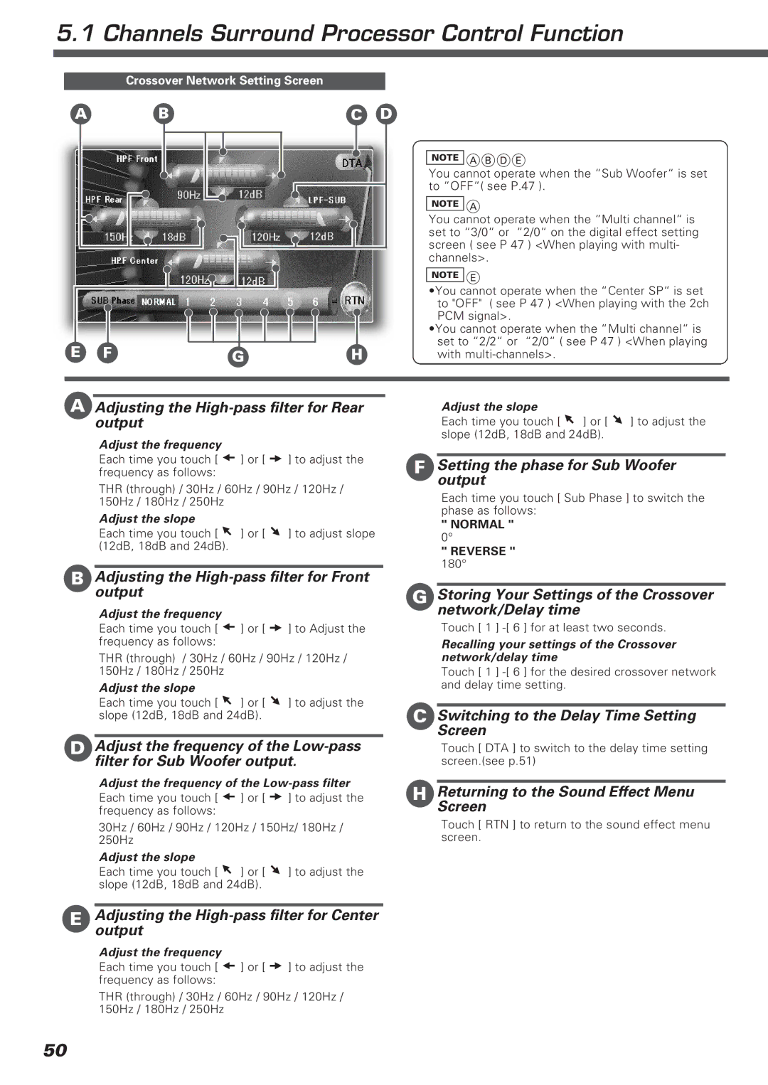 Kenwood KVT-911DVD Setting the phase for Sub Woofer output, Storing Your Settings of the Crossover network/Delay time 