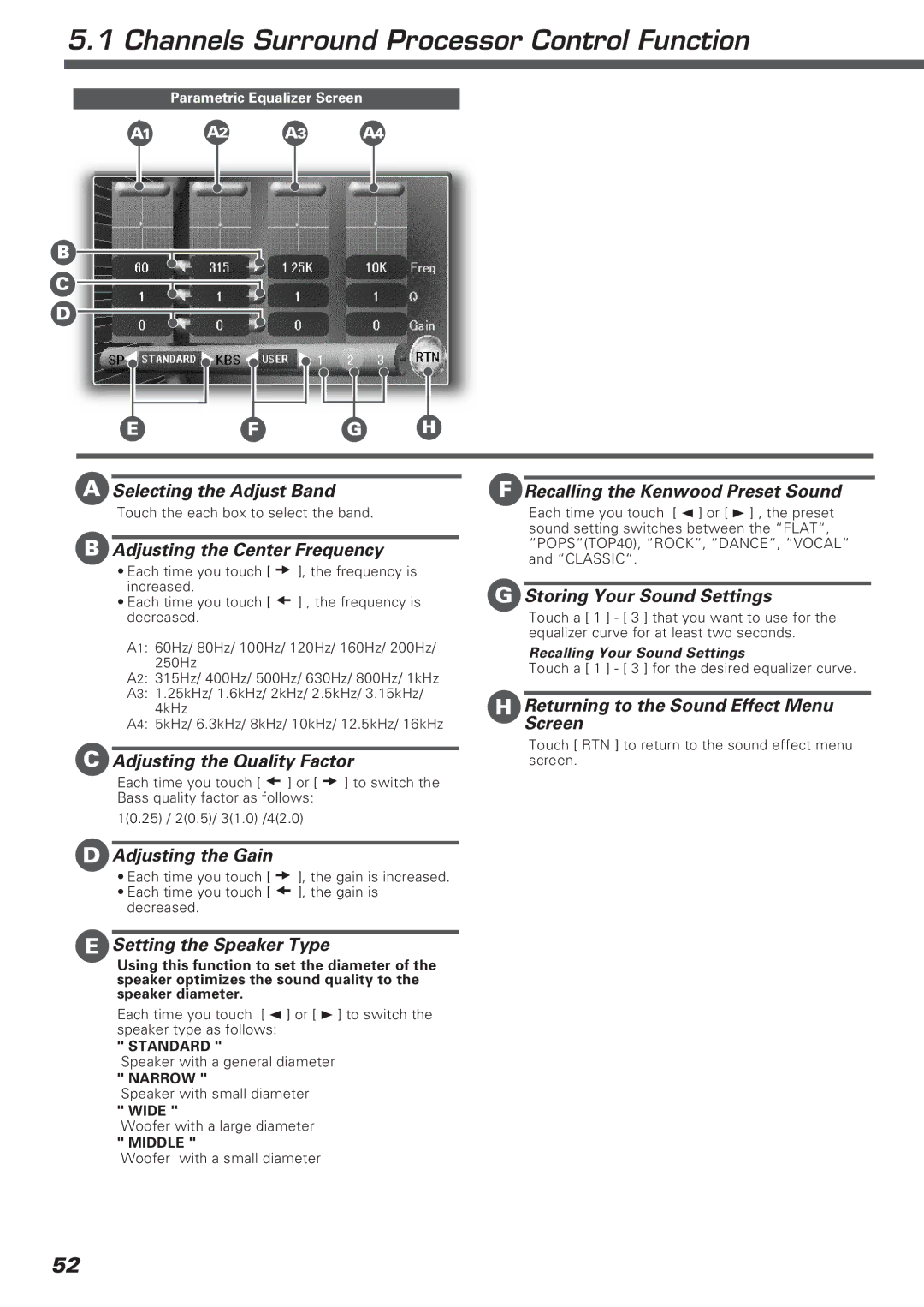 Kenwood KVT-911DVD Selecting the Adjust Band, Adjusting the Center Frequency, Adjusting the Quality Factor 