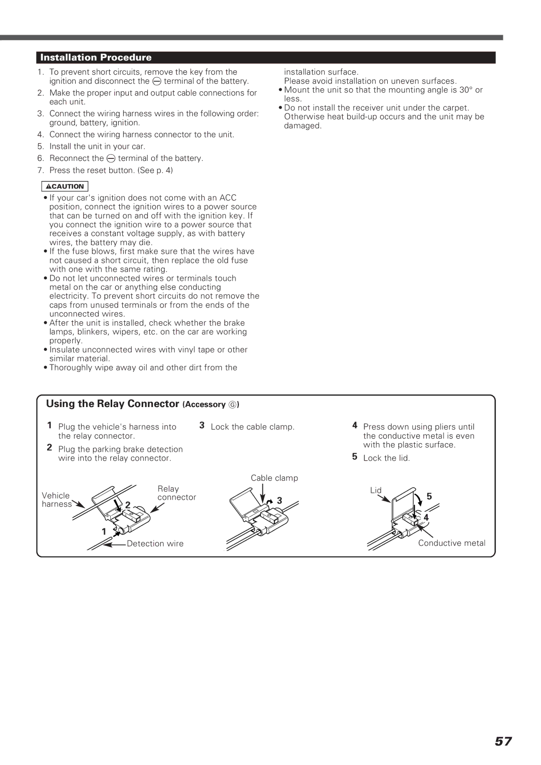 Kenwood KVT-911DVD instruction manual Using the Relay Connector Accessory G, Installation Procedure 