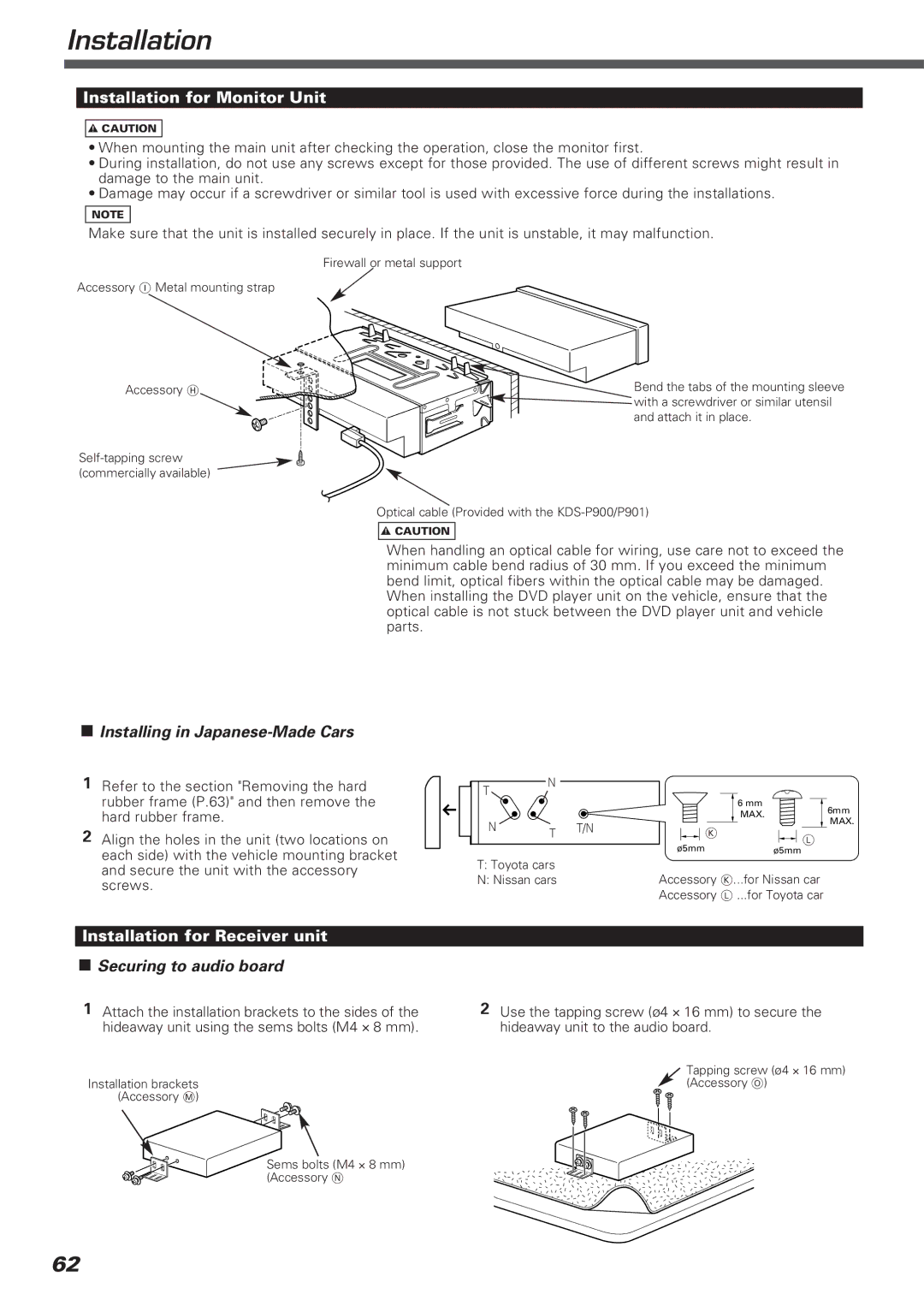 Kenwood KVT-911DVD instruction manual Installation for Monitor Unit, Installation for Receiver unit 