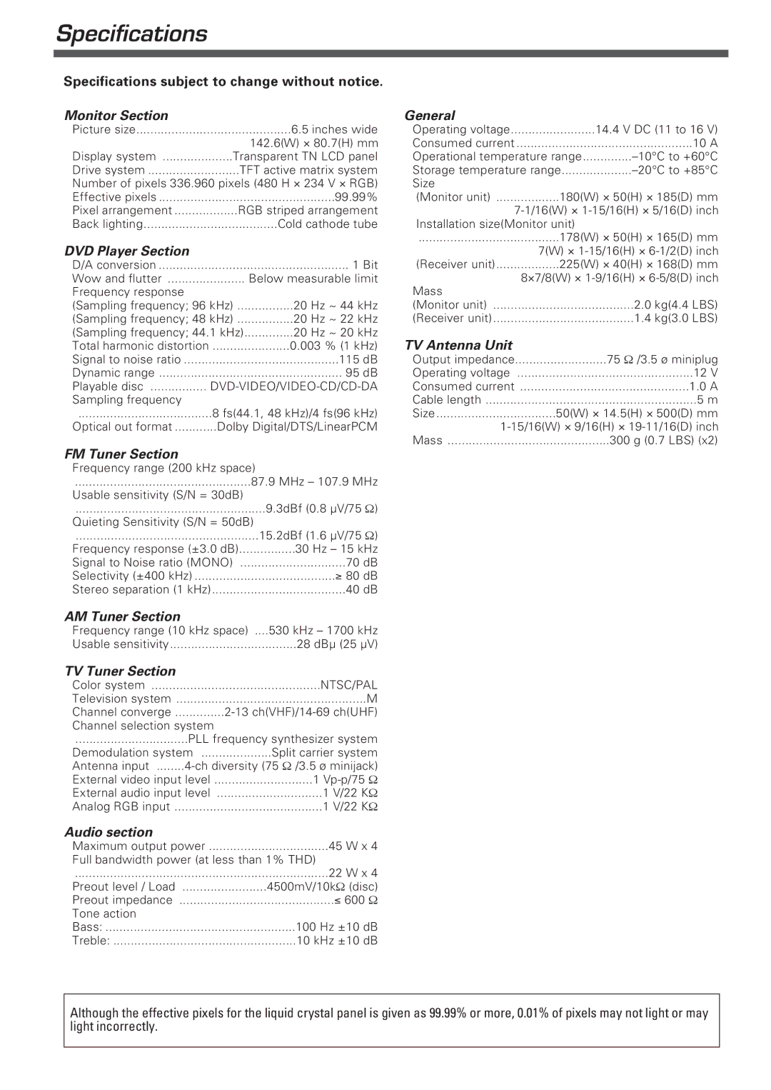 Kenwood KVT-911DVD instruction manual Specifications, DVD Player Section 