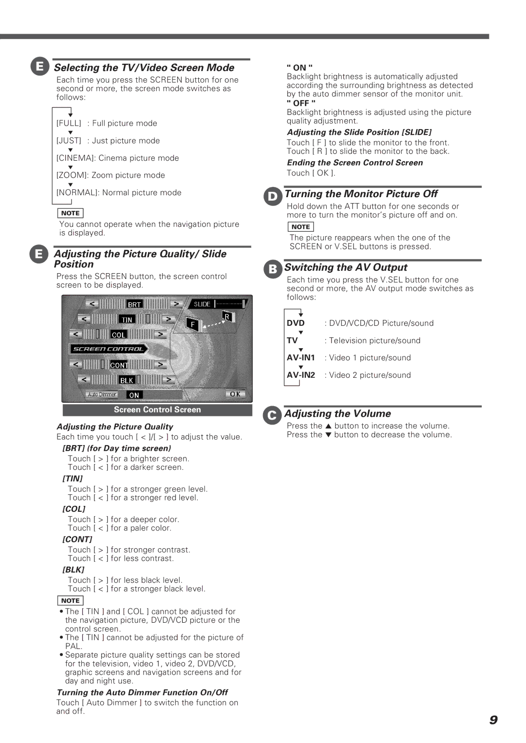 Kenwood KVT-911DVD Selecting the TV/Video Screen Mode, Adjusting the Picture Quality/ Slide Position, Adjusting the Volume 