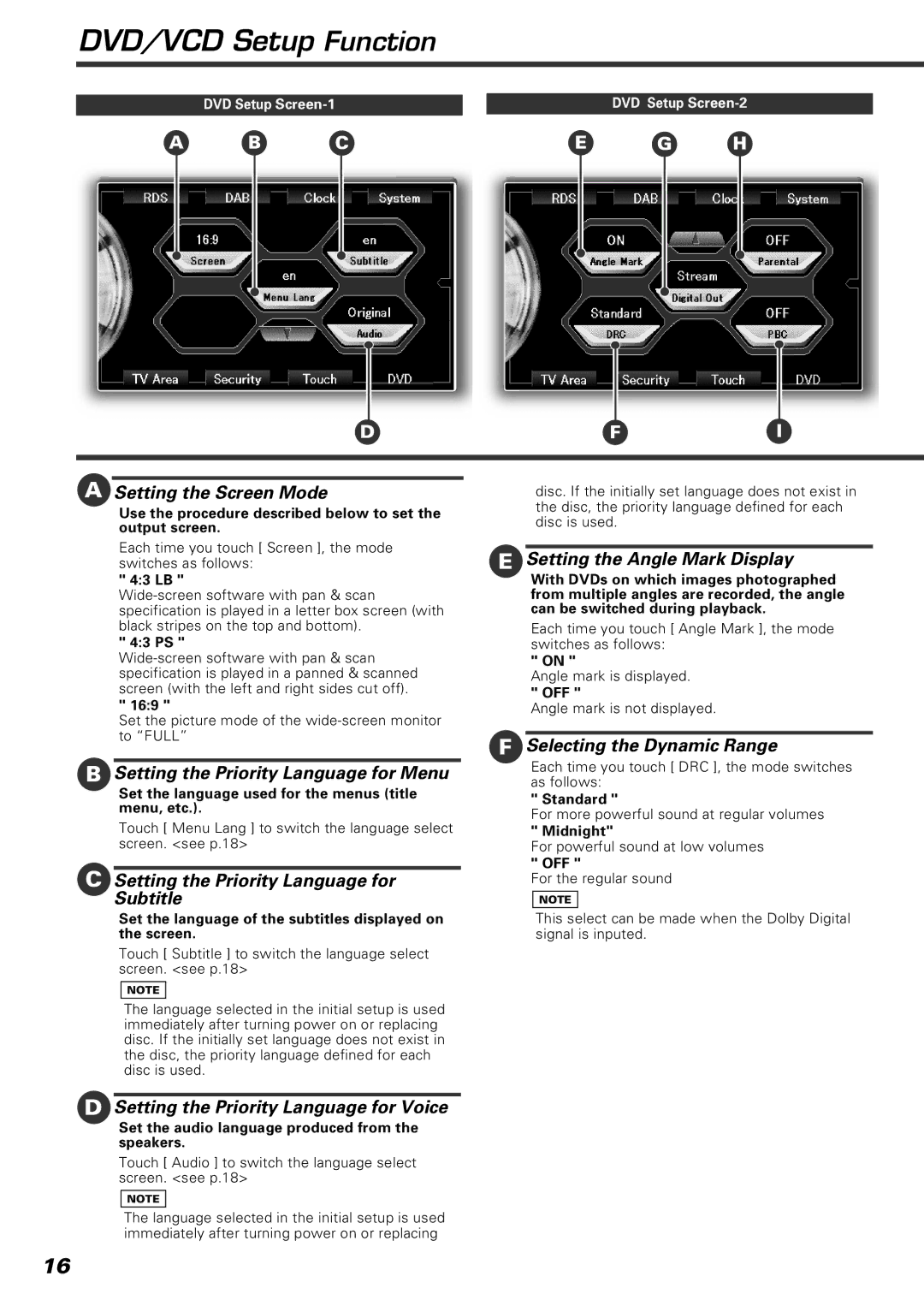 Kenwood KVT-920DVD Setting the Screen Mode, Setting the Priority Language for Menu, Setting the Angle Mark Display 