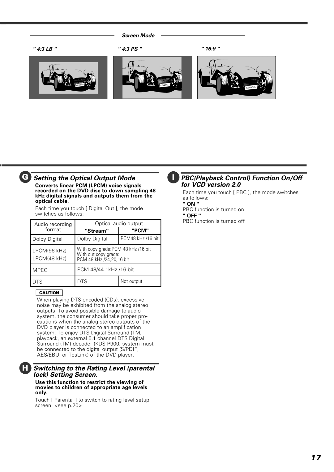 Kenwood KVT-920DVD Setting the Optical Output Mode, PBCPlayback Control Function On/Off for VCD version, Stream 