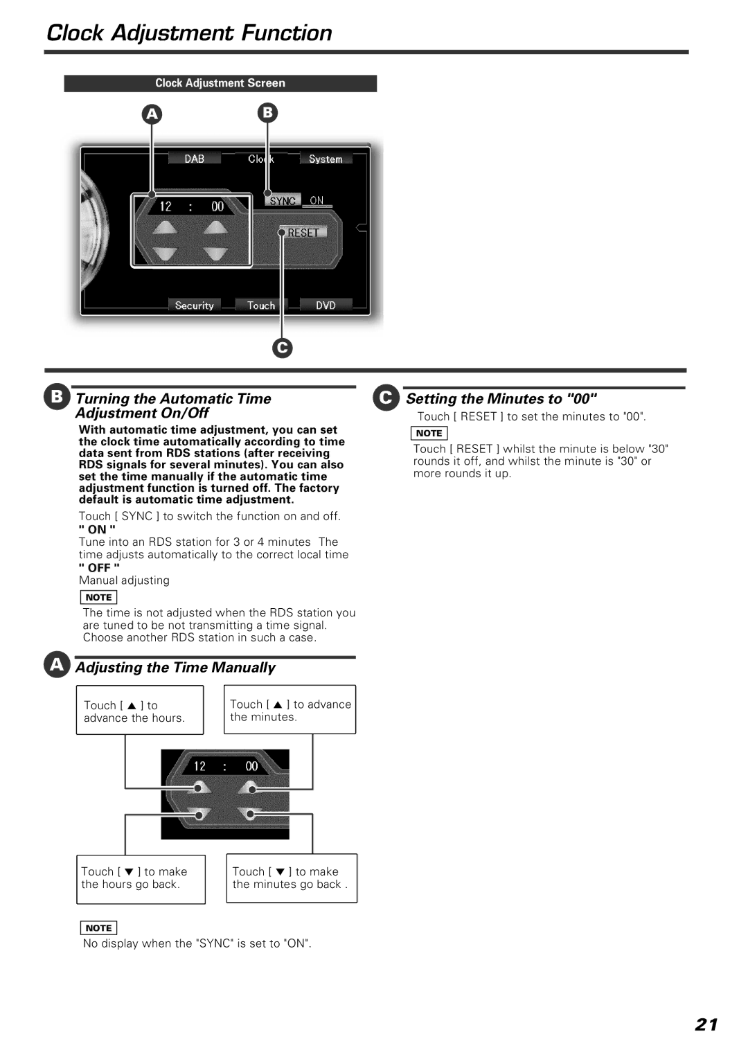 Kenwood KVT-920DVD Clock Adjustment Function, Adjusting the Time Manually, Data sent from RDS stations after receiving 