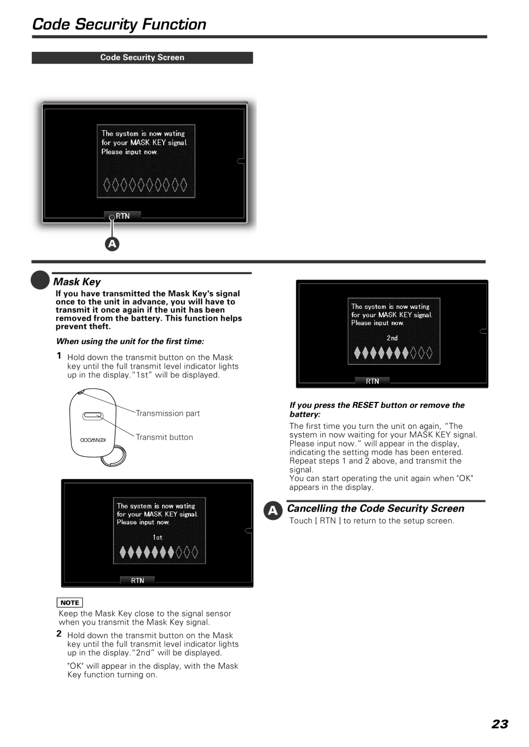 Kenwood KVT-920DVD instruction manual Code Security Function, Mask Key, Cancelling the Code Security Screen 