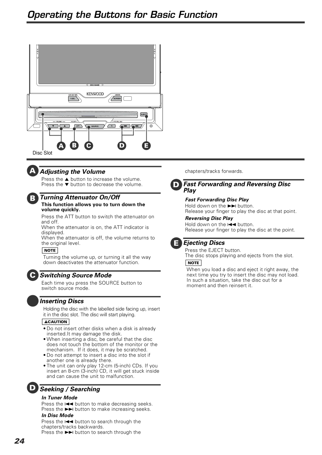 Kenwood KVT-920DVD instruction manual Operating the Buttons for Basic Function 