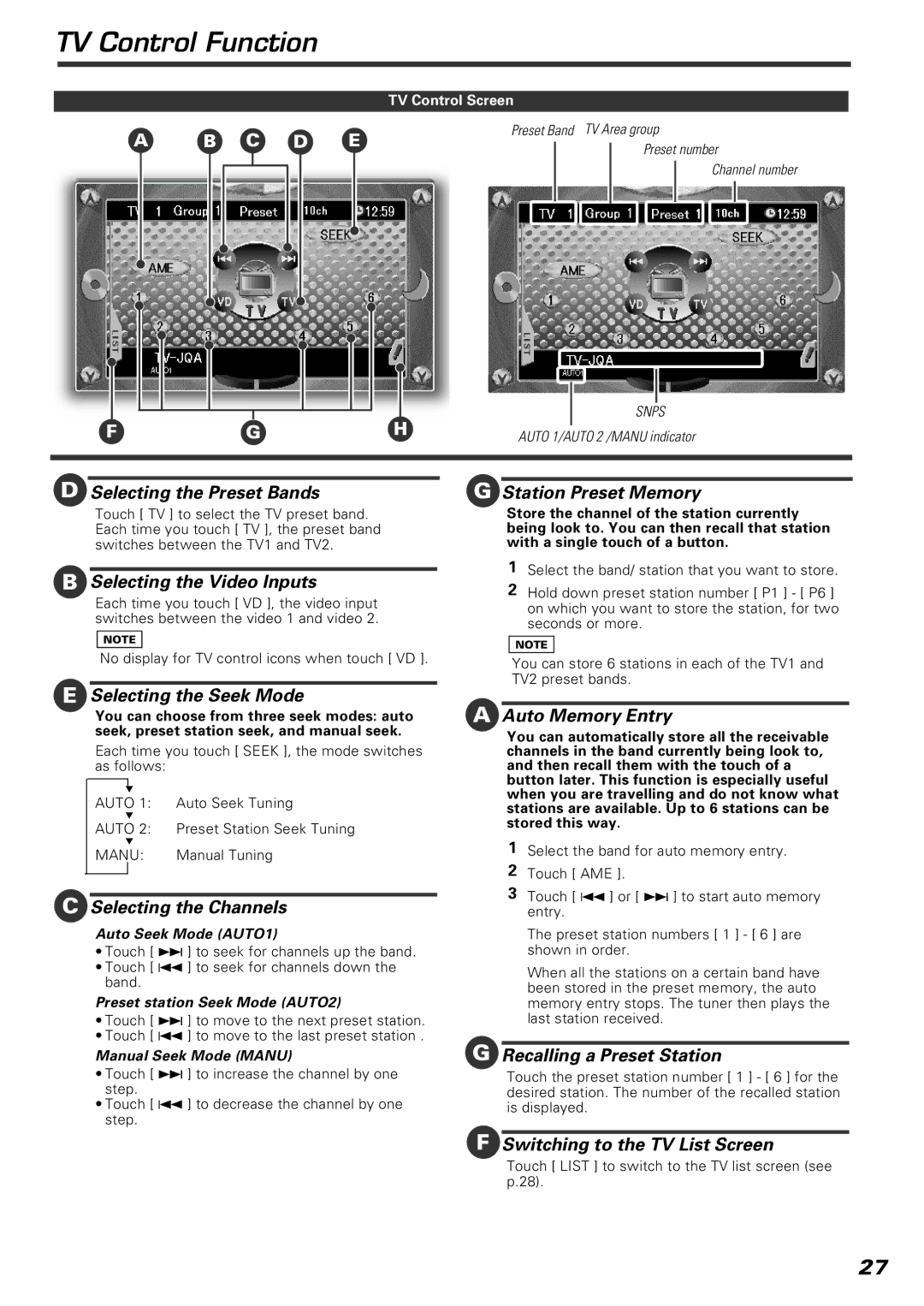 Kenwood KVT-920DVD instruction manual TV Control Function 