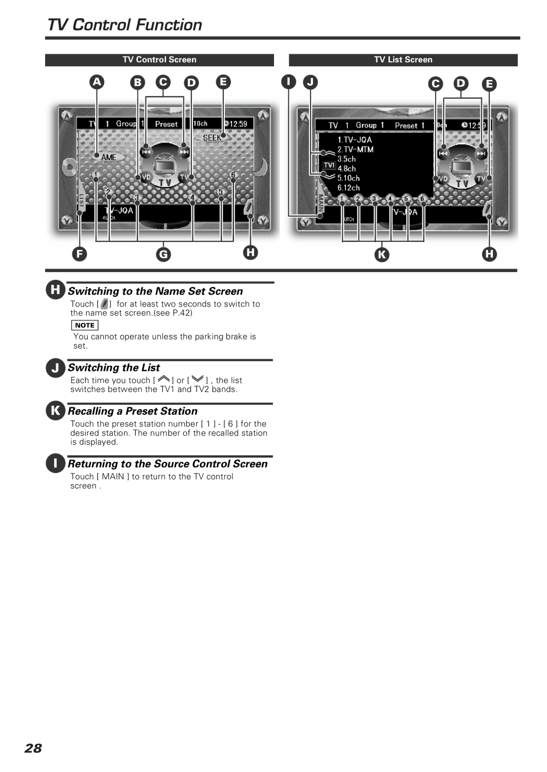 Kenwood KVT-920DVD Switching to the Name Set Screen, Switching the List, Returning to the Source Control Screen 