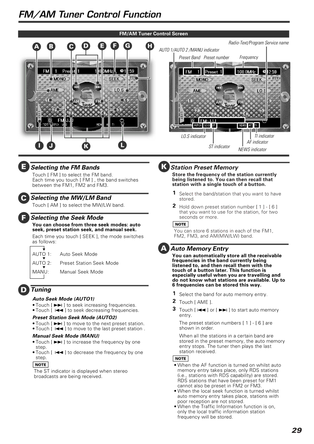 Kenwood KVT-920DVD FM/AM Tuner Control Function, Selecting the FM Bands Station Preset Memory, Selecting the MW/LM Band 