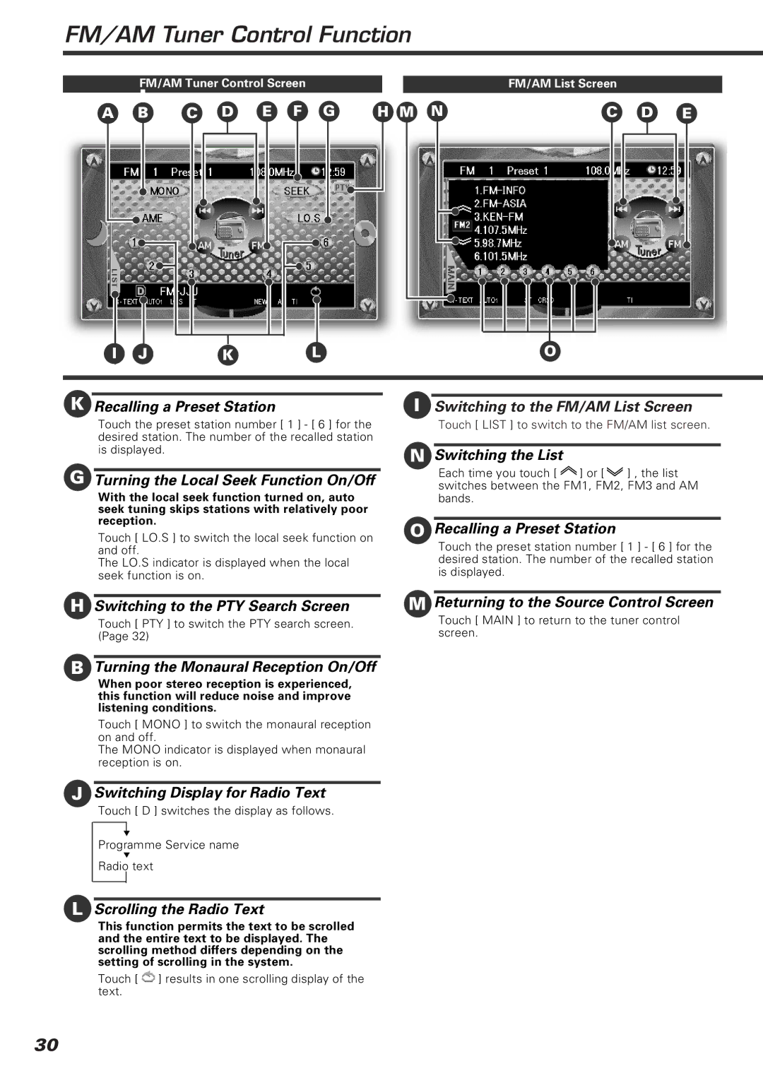 Kenwood KVT-920DVD Turning the Local Seek Function On/Off, Switching to the FM/AM List Screen, Scrolling the Radio Text 