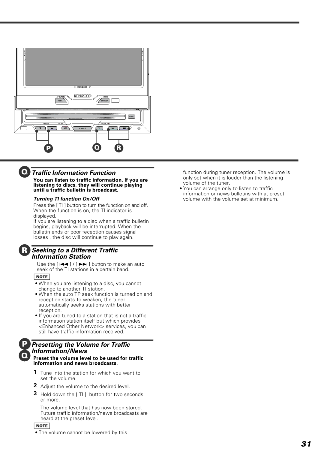 Kenwood KVT-920DVD instruction manual Traffic Information Function, Seeking to a Different Traffic Information Station 