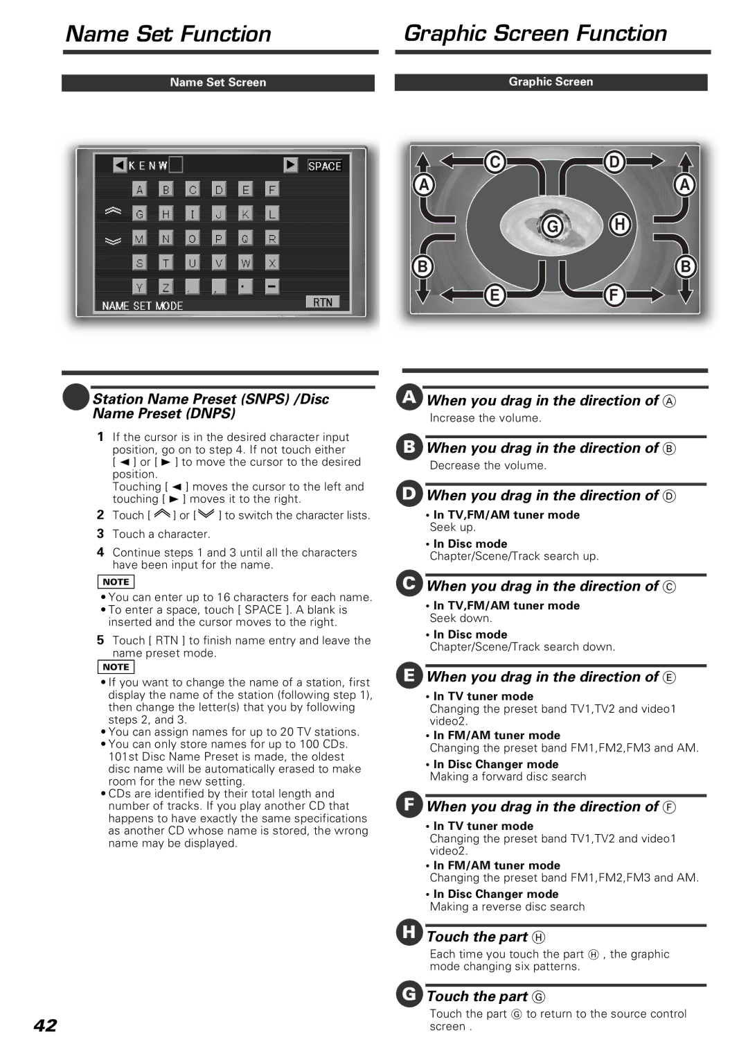 Kenwood KVT-920DVD Station Name Preset Snps /Disc Name Preset Dnps, When you drag in the direction of a, Touch the part H 