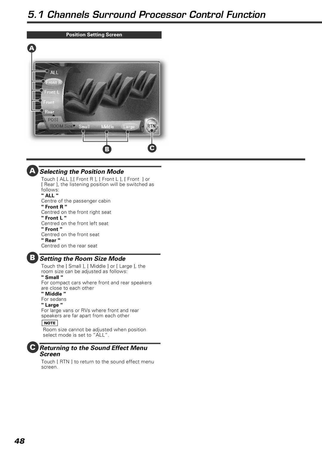 Kenwood KVT-920DVD instruction manual Selecting the Position Mode, Setting the Room Size Mode 